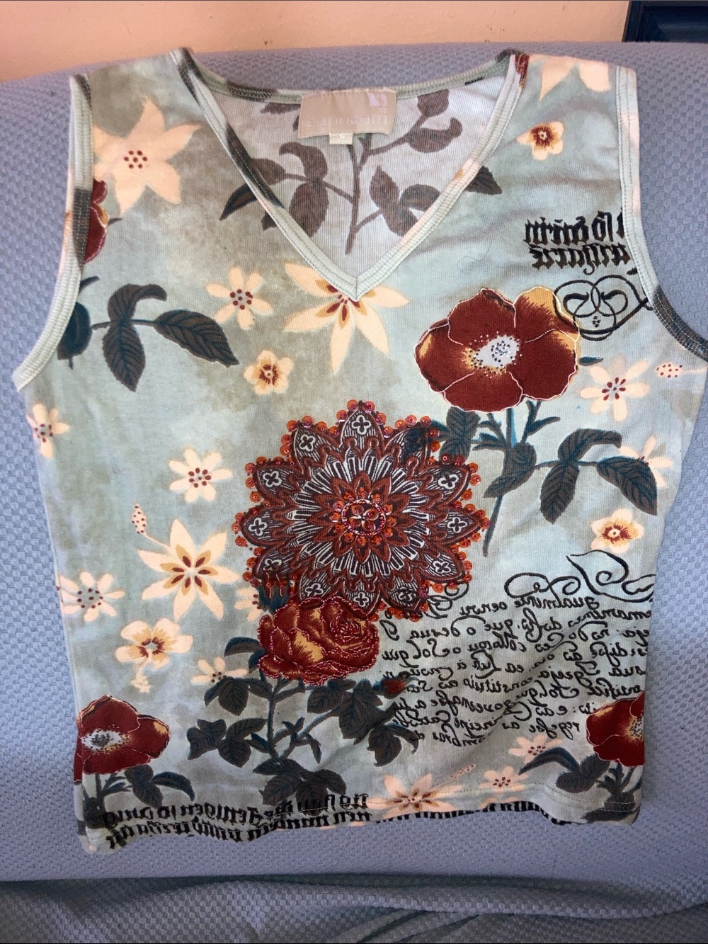 Capricorn Floral V-Neck Tank in Light Blue and Rust Accents